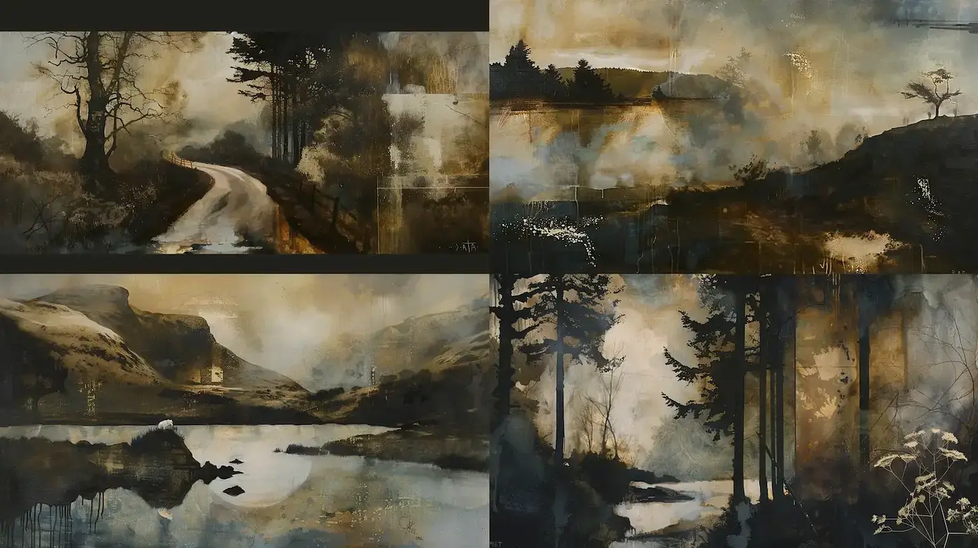 Moody Landscapes with a Blend of Realism and Abstract Techniques - Midjourney sref style