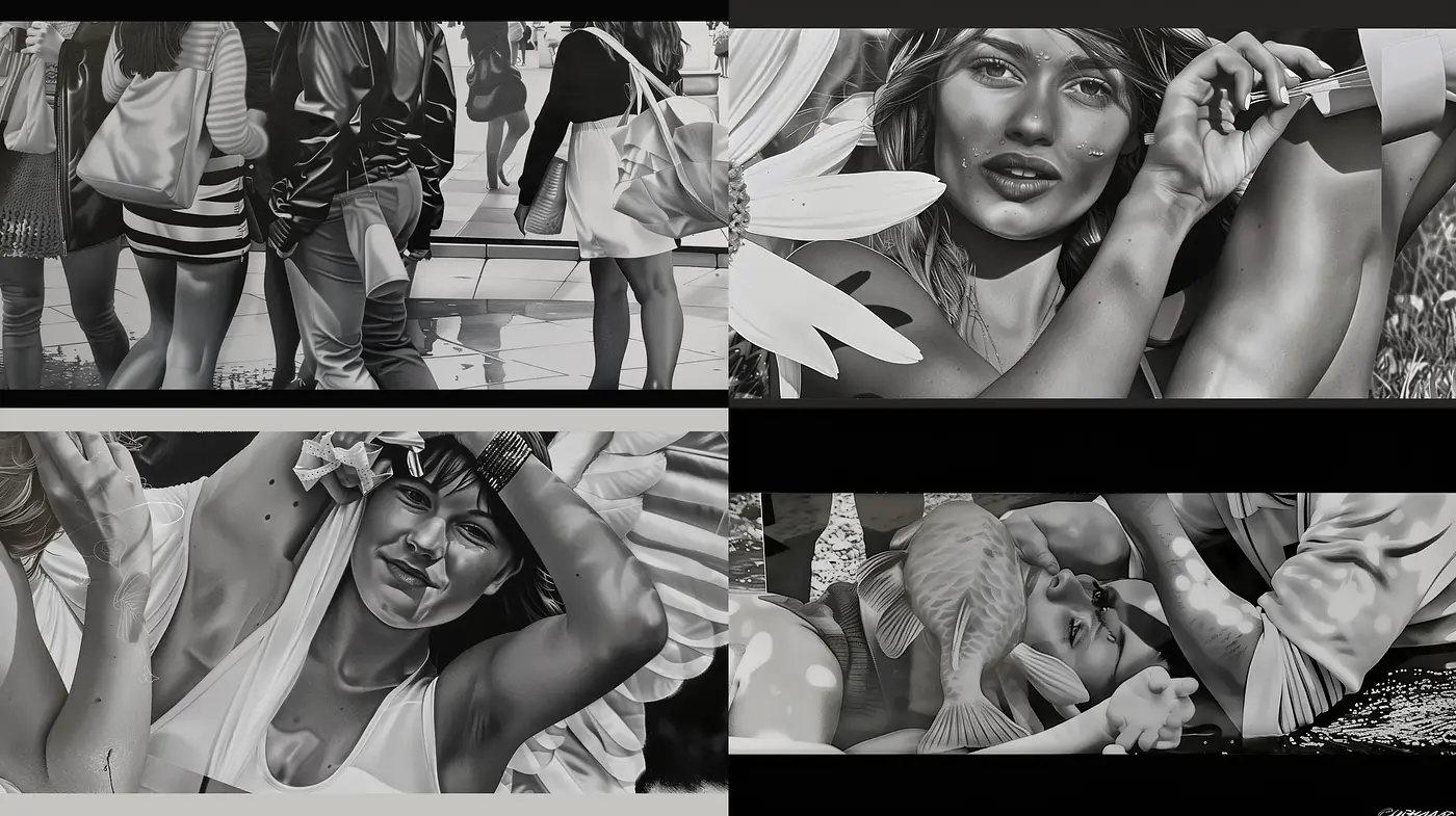 Monochromatic Elegance with a Contemporary Hyperrealist Touch - Midjourney sref style