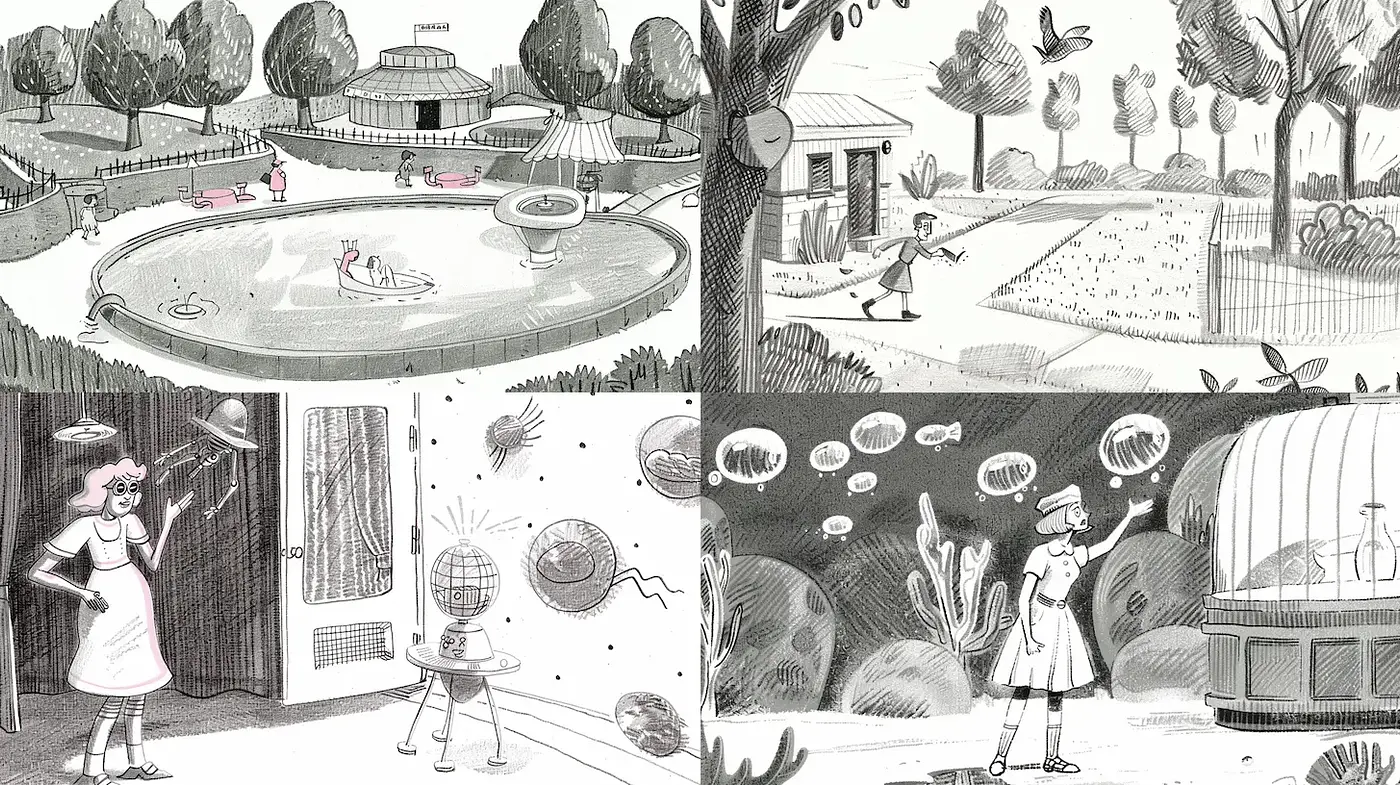 A Whimsical Exploration of Monochromatic Scenes with Mid-Century Influences - Midjourney sref style
