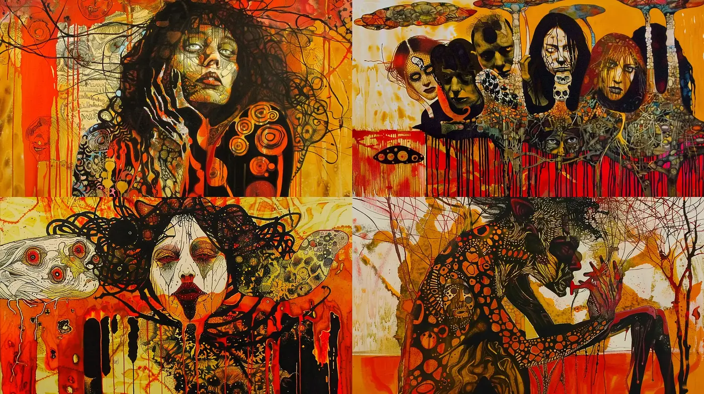 Abstract Expressionist Fusion with Fiery Autumnal Palette - Midjourney sref style