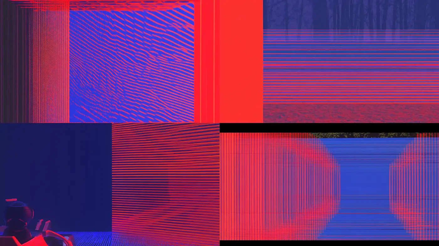 Luminous Linear Rhythms in Neon Rouge and Blue - Midjourney sref style