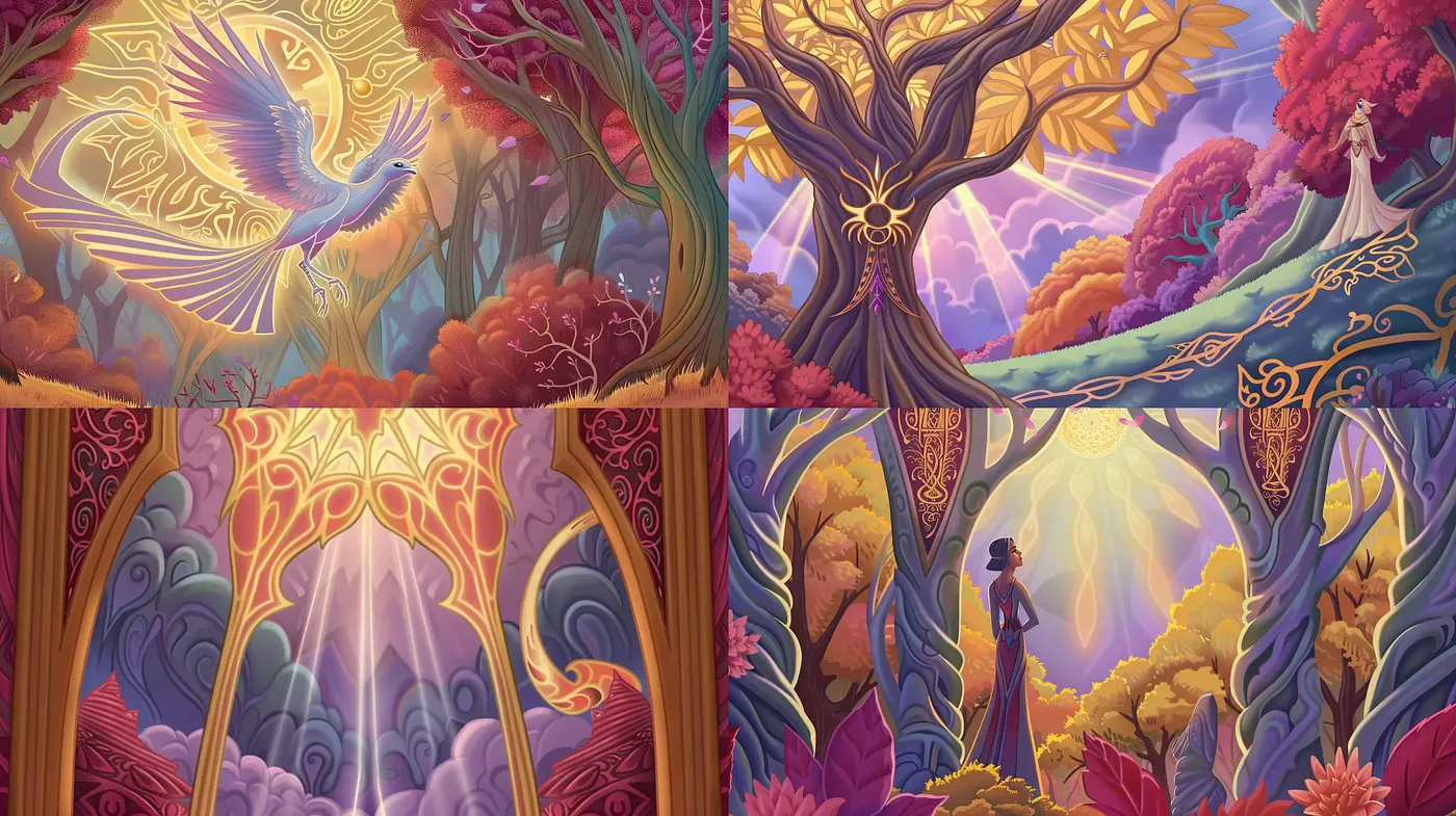 Enchanted Chromatic Woodlands: A Tapestry of Mythical Art Nouveau - Midjourney sref style