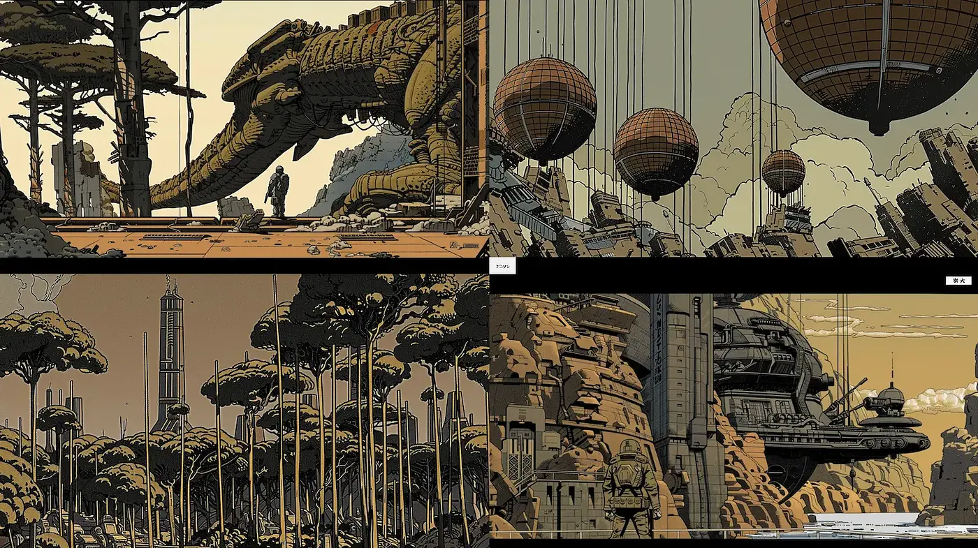 Futuristic Landscapes with Strong Geometric Structures and Organic Elements - Midjourney sref style