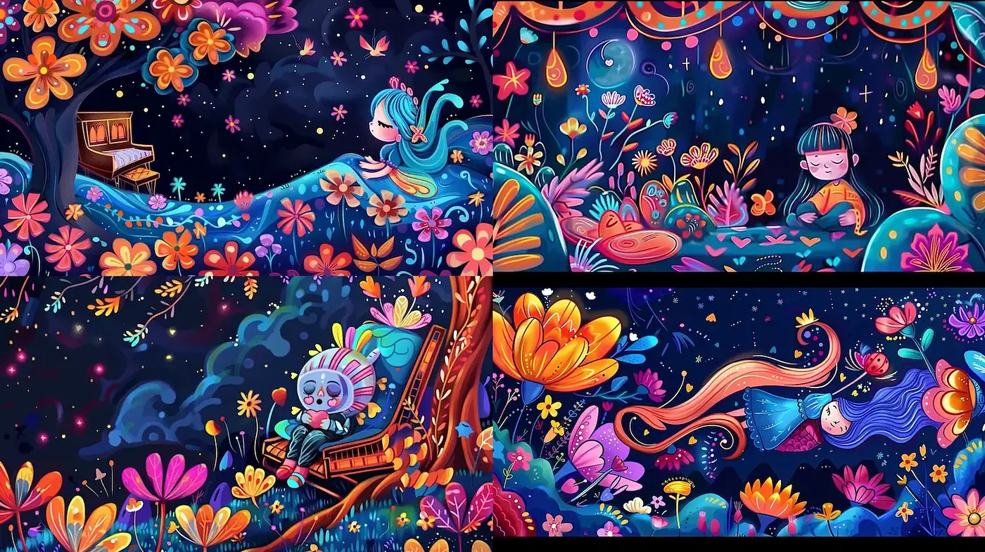 Vibrant Dreamlike Scenes with Whimsical Elements and Floral Themes - Midjourney sref style