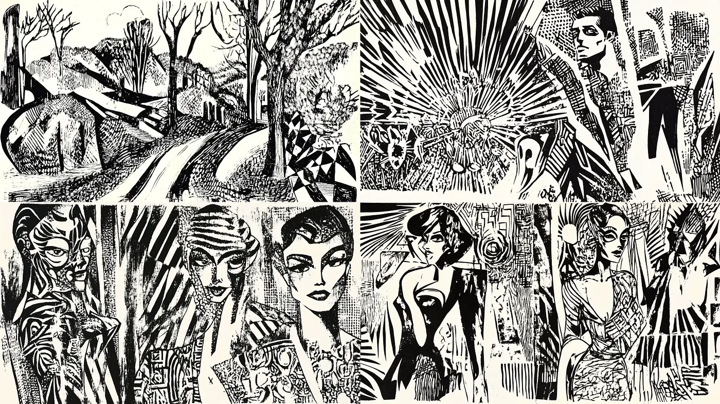 Monochrome Retro-Futurism with Expressionist Undertones - Midjourney sref style