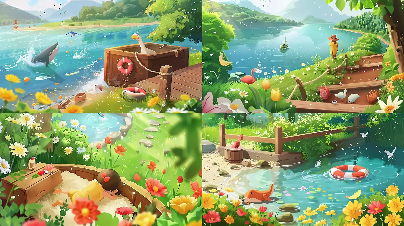 Lush and Vibrant Lakeside Serenity in Stylized Illustration - Midjourney sref style