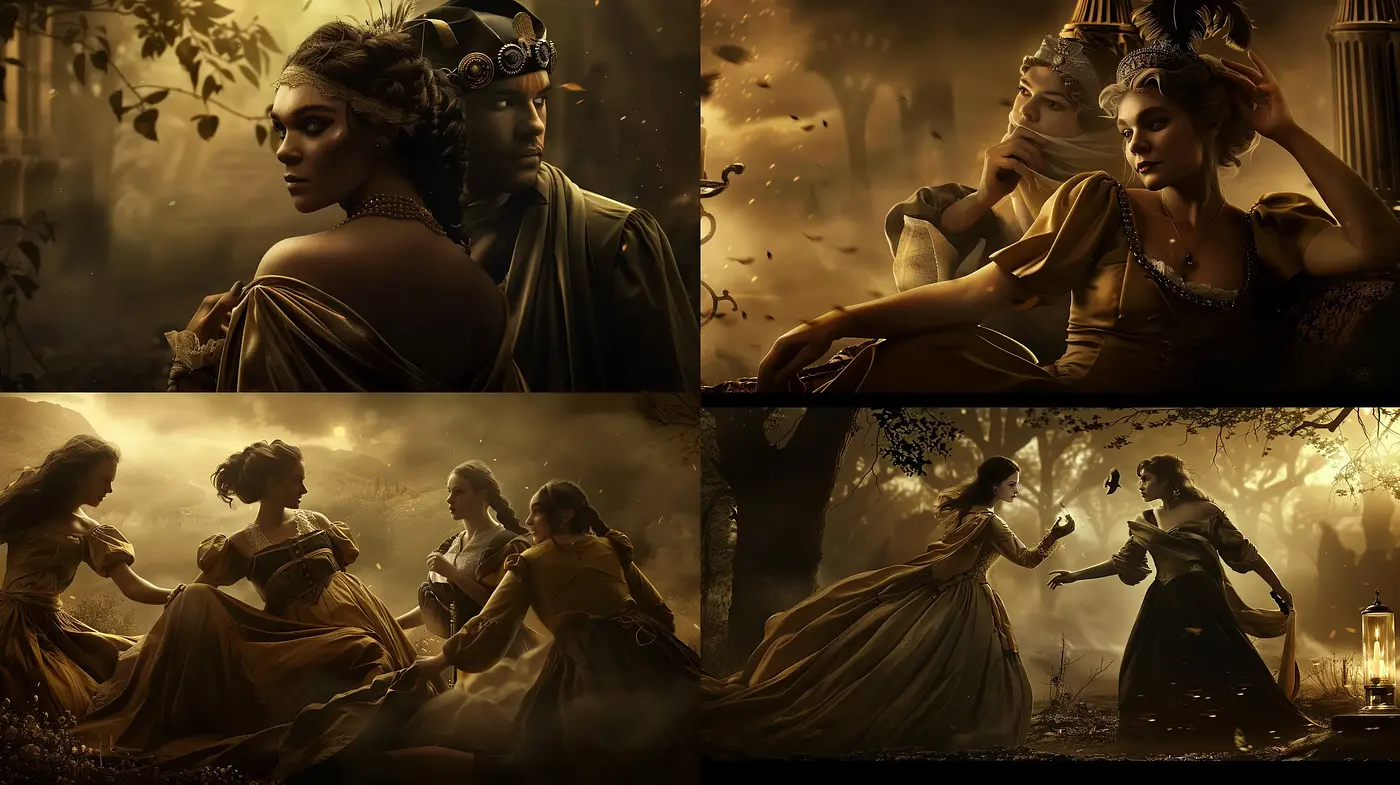 Ethereal Sepia Tones in Mythical Tableaus - Midjourney sref style