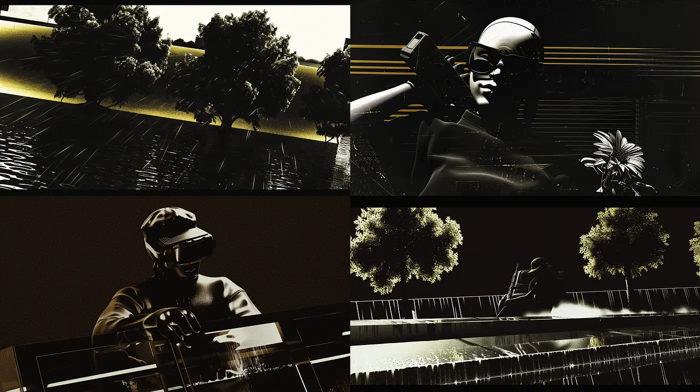 Stylized Monochromatic Noir with Abstract Yellow Accents and Granular Textures - Midjourney sref style