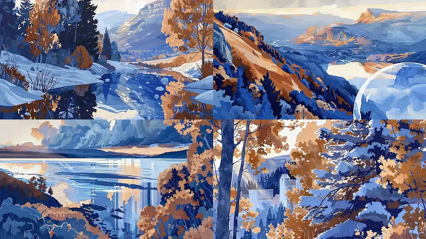 Serene Landscapes in Harmonious Cool Tones - Midjourney sref style