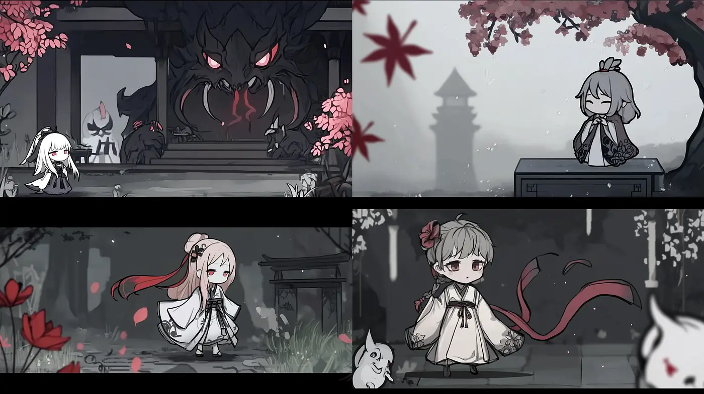 Ethereal Monochrome Dreamscape with Scarlet Accents - Midjourney sref style