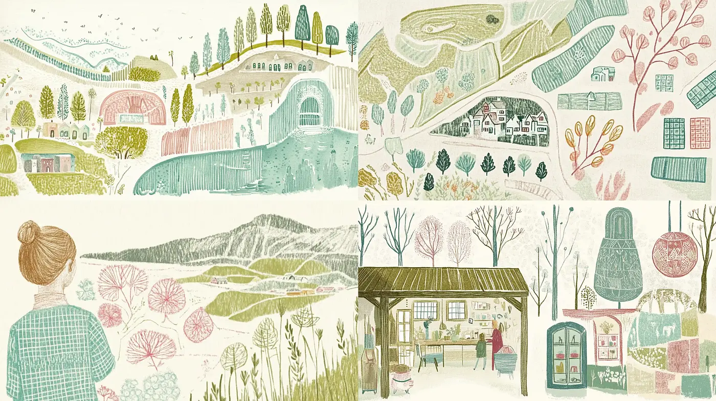 Pastoral Harmony: An Homage to Serene Landscapes and Vintage Illustrations - Midjourney sref style