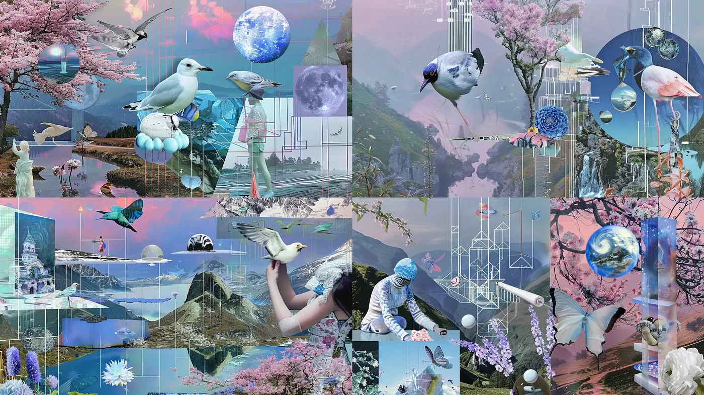 Surreal Digital Collage with Pastel Dreamscape Palette - Midjourney sref style