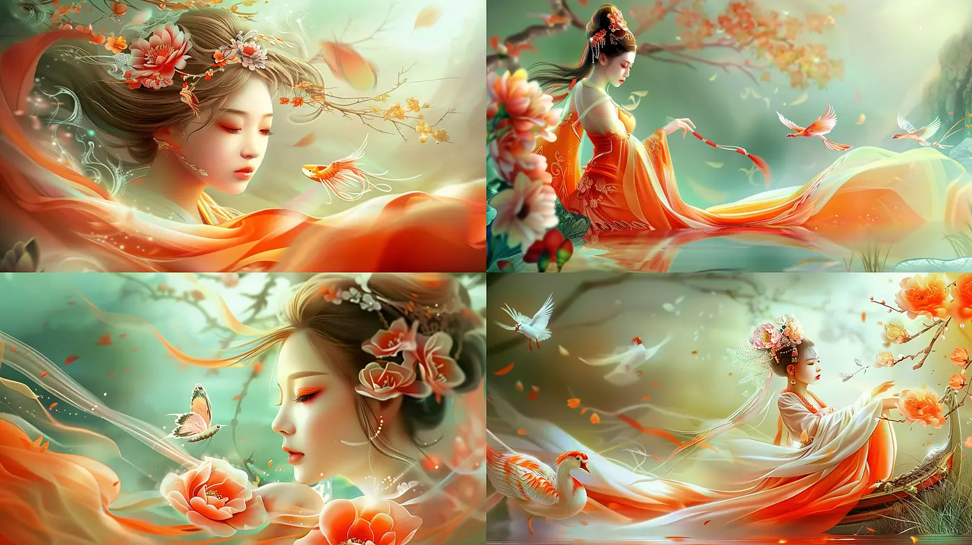 Ethereal Grace in Warm Tonal Harmony: A Cohesive Artistic Vision across Varied Scenes - Midjourney sref style