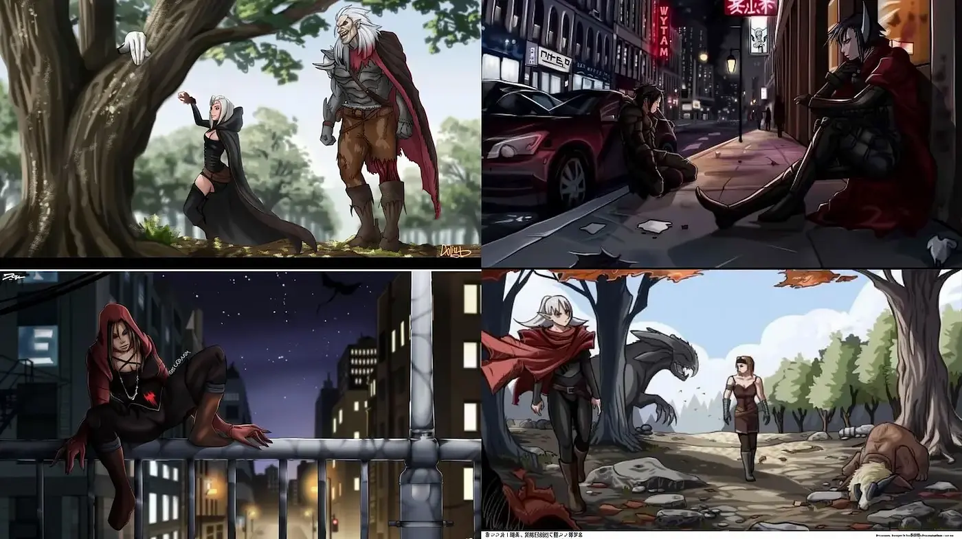 Dynamic and moody urban fantasy art style with a dark narrative - Midjourney sref style