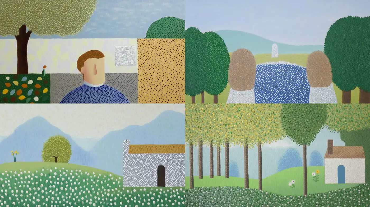 Stylized Pastoral Idylls with a Pointillist Essence - Midjourney sref style