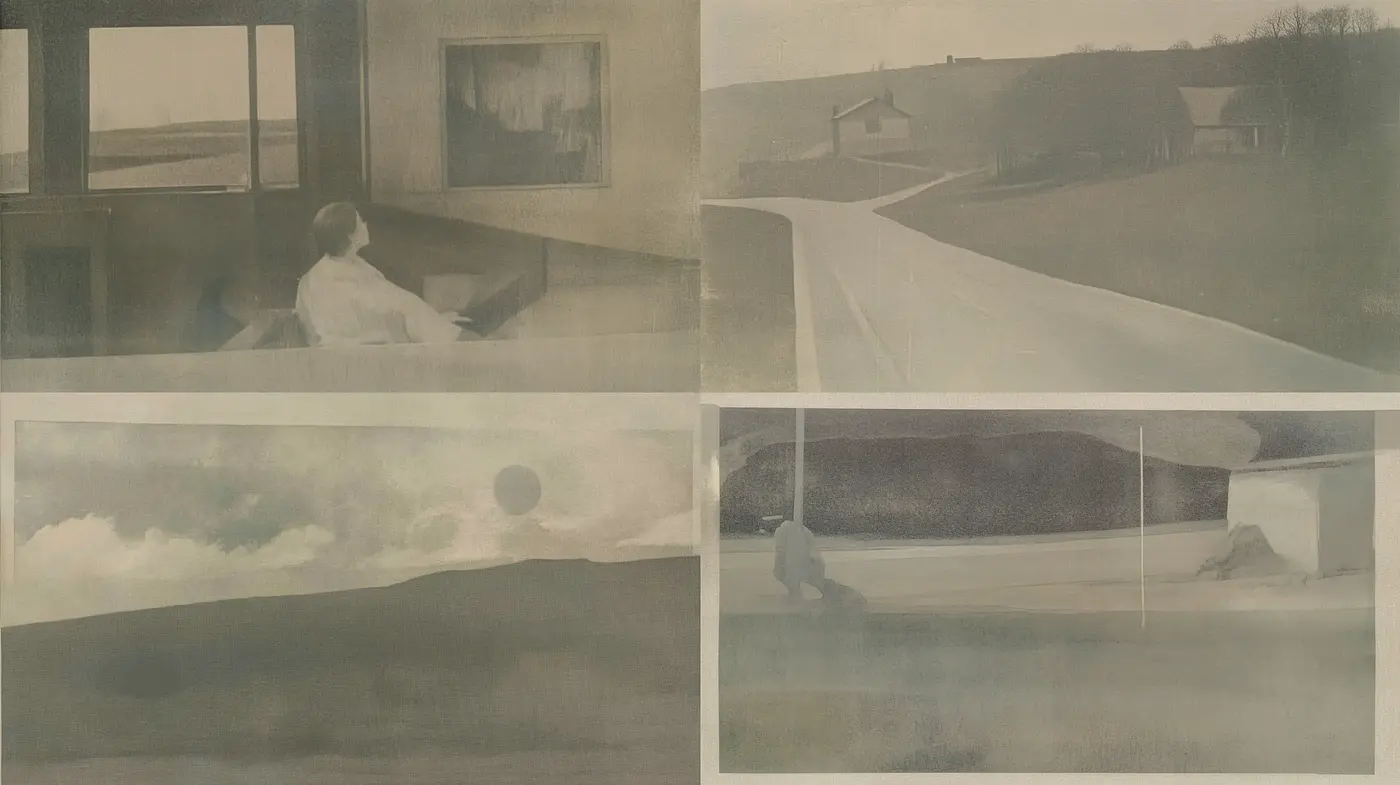 Ethereal Echoes of Days Past: A Meditative Blend of Vintage Textures and Subdued Tones - Midjourney sref style