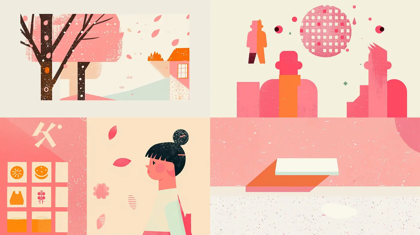 Warm Pastel Narratives: A Cohesive Blend of Transitional Hues and Textured Whimsy - Midjourney sref style