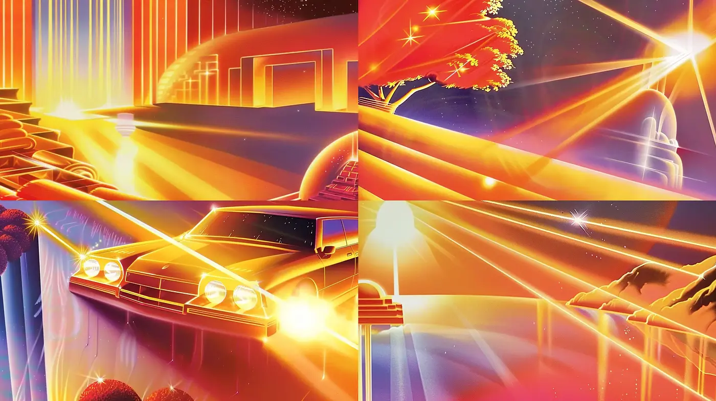 Sunset Hues and Retro-Futurism: A Dreamlike Synthesis of Past and Future - Midjourney sref style