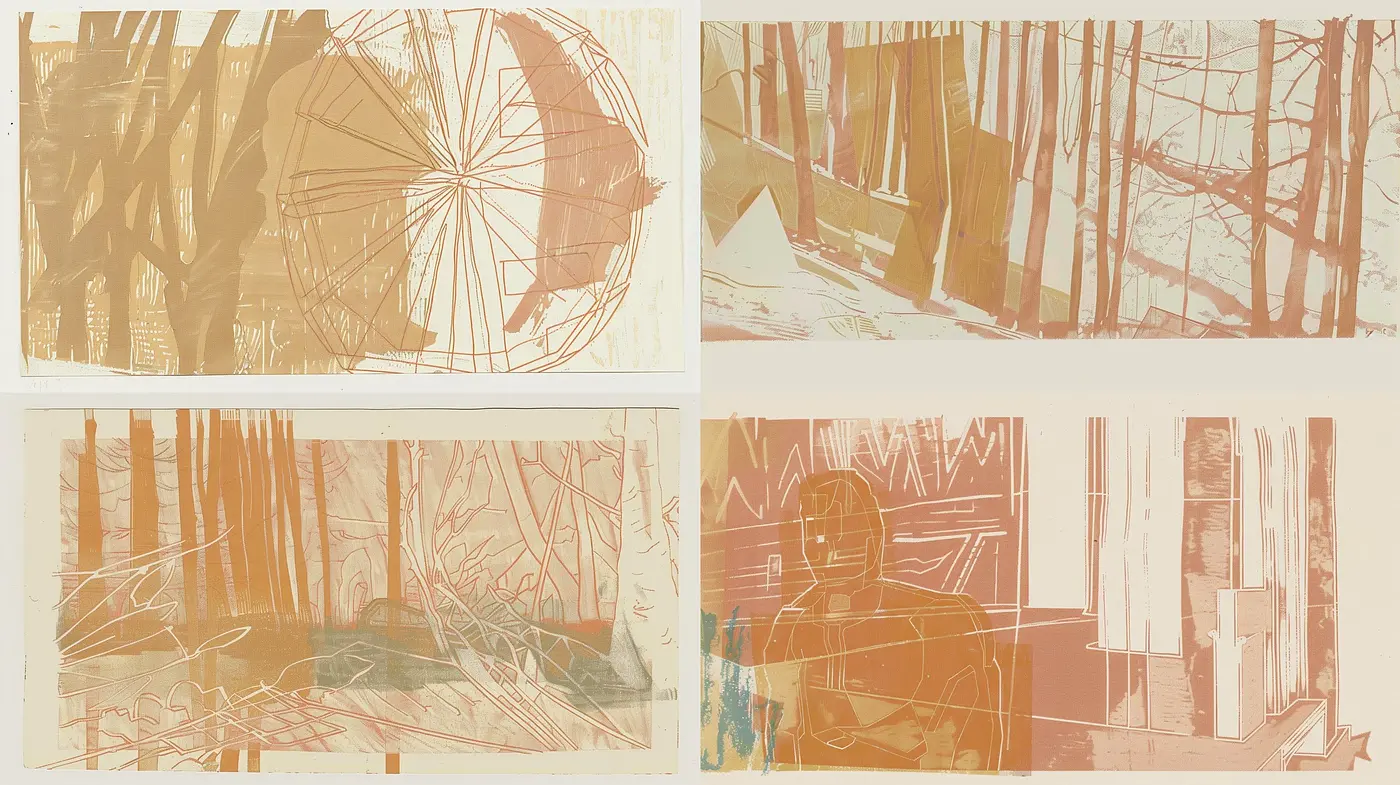 Warm Sepia Tones Meet Linear Abstraction in Modern Stylized Art - Midjourney sref style
