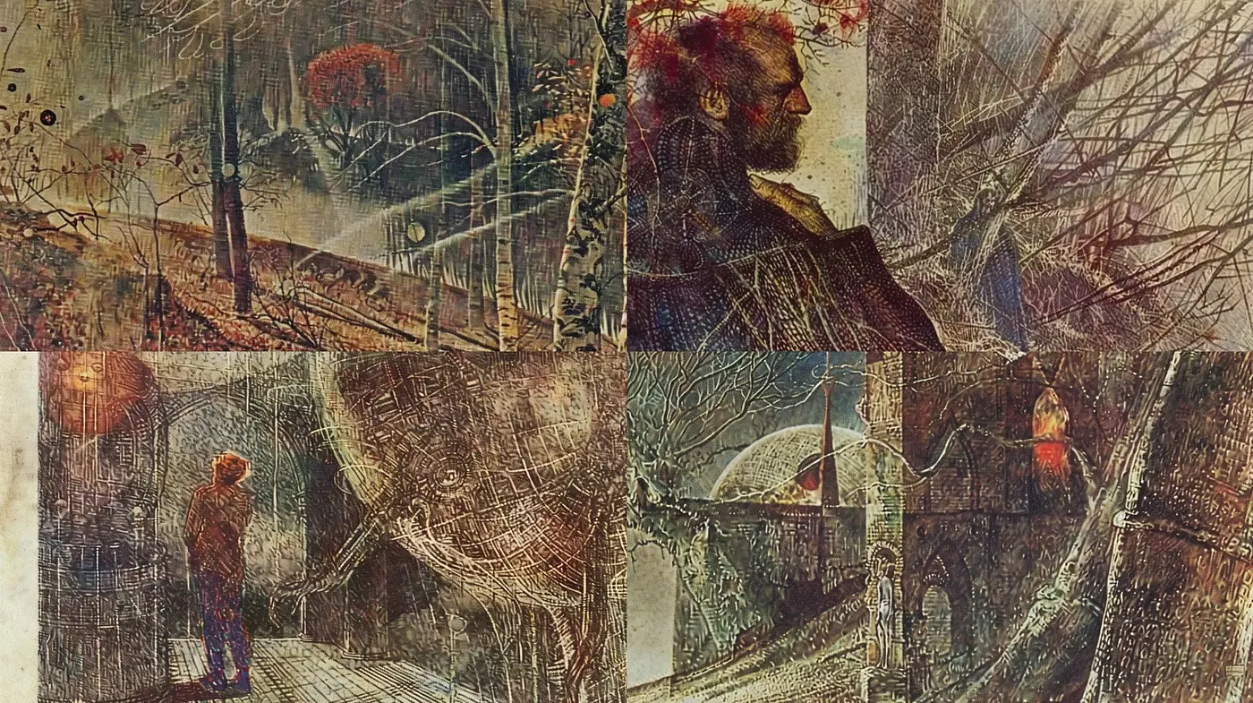Ethereal Melancholy in Textured Hues: A Composite of Dreamlike Overlays and Vintage Tones - Midjourney sref style