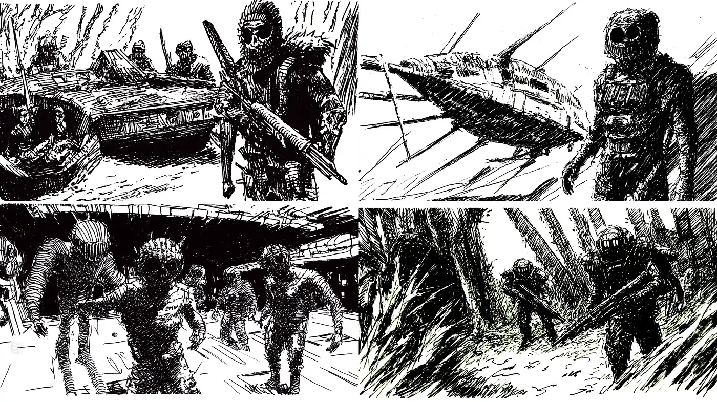 Sketch-like Dynamic Monochrome War Illustrations - Midjourney sref style