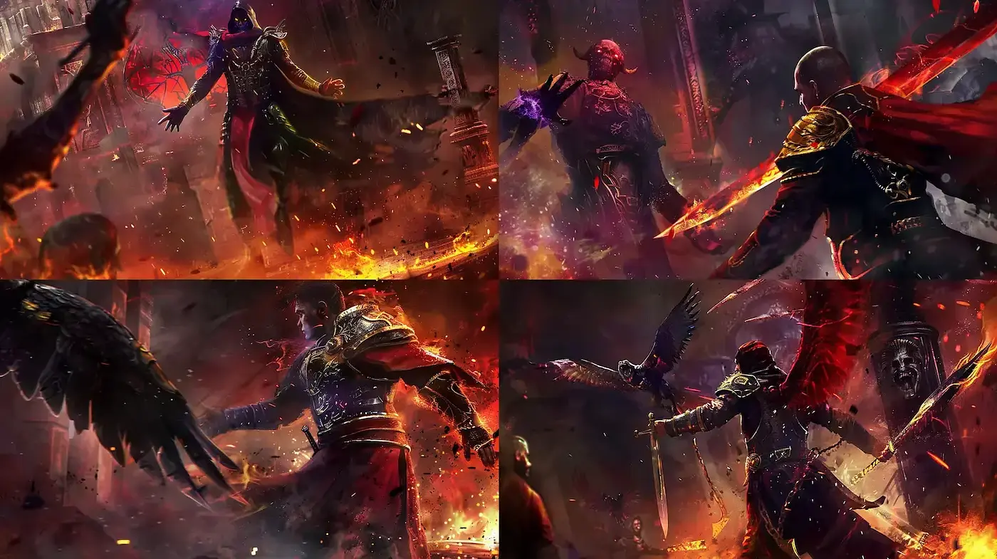 Dynamic and Dramatic Fantasy Battle Scenes with Dark Fantasy Elements - Midjourney sref style