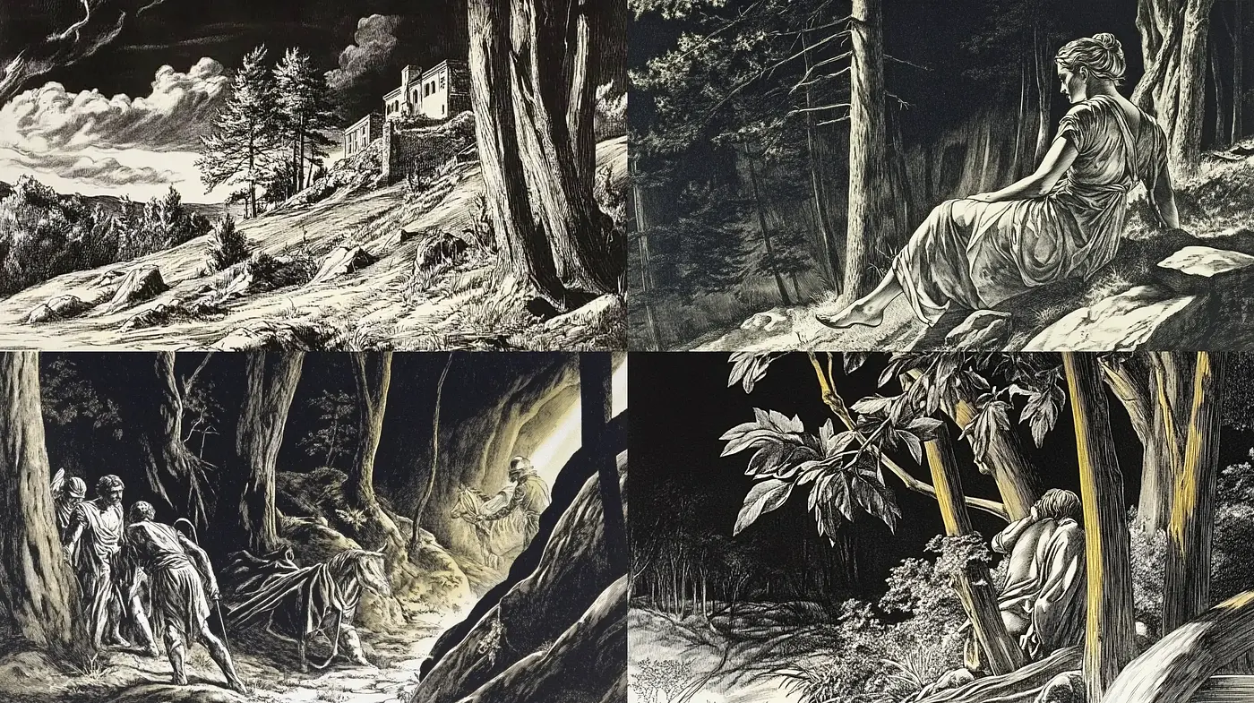 Monochromatic Engravings of Mythic Environments and Figures - Midjourney sref style