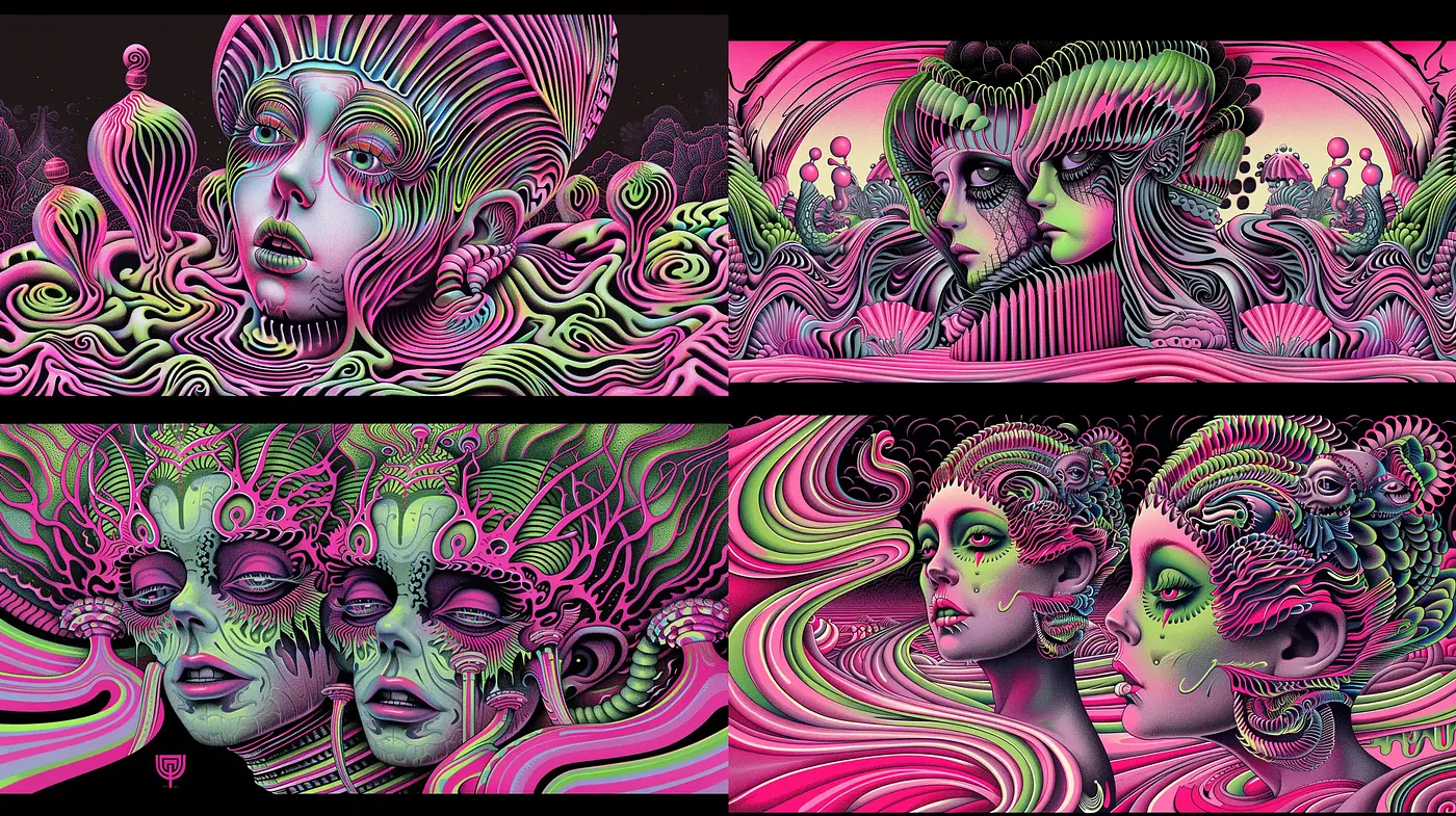 Psychedelic Dreamscape Portraits with Vibrant Swirling Patterns - Midjourney sref style