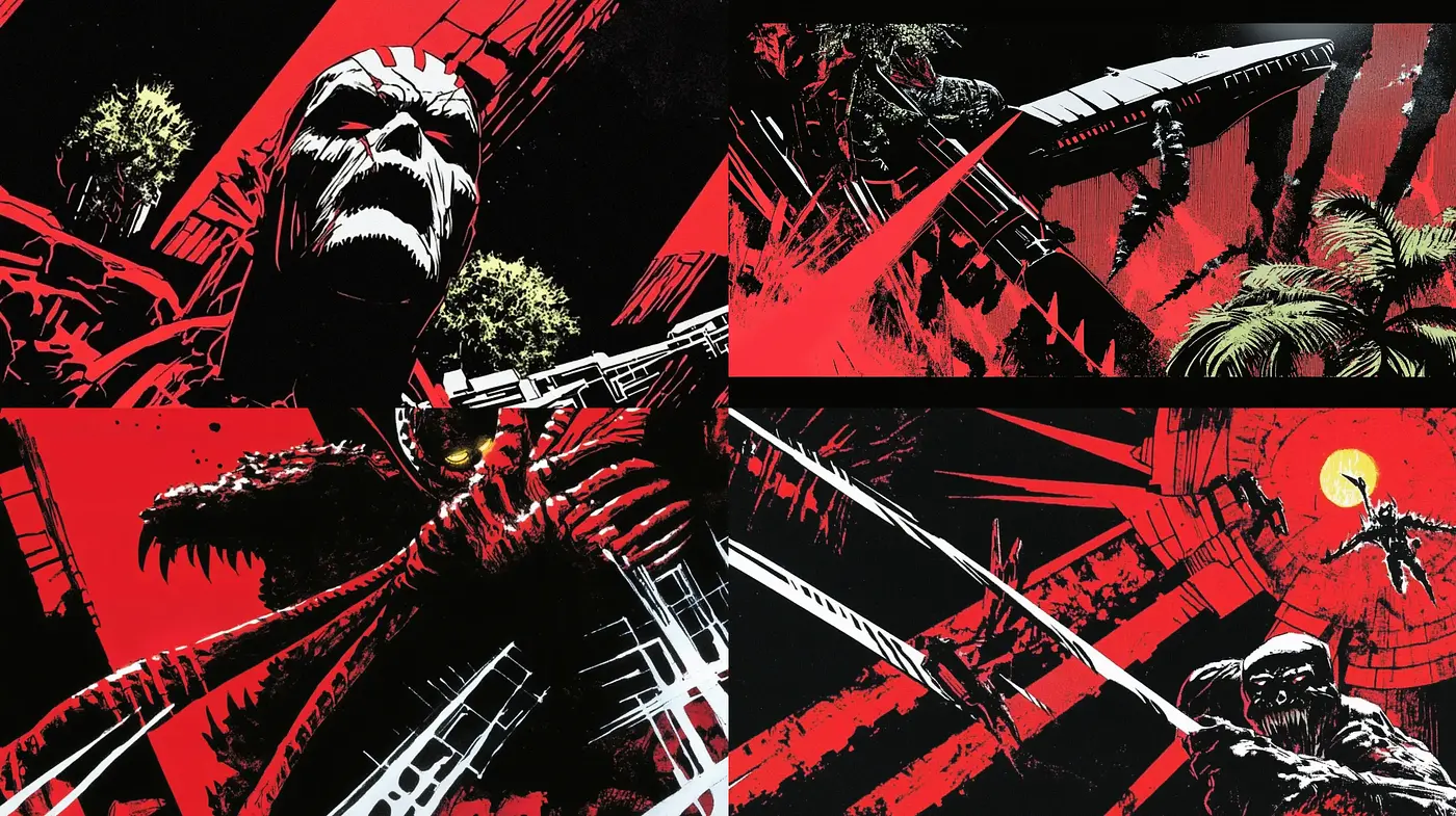 Stark Contrast and Dramatic Shadows in Graphic Novel Illustration - Midjourney sref style