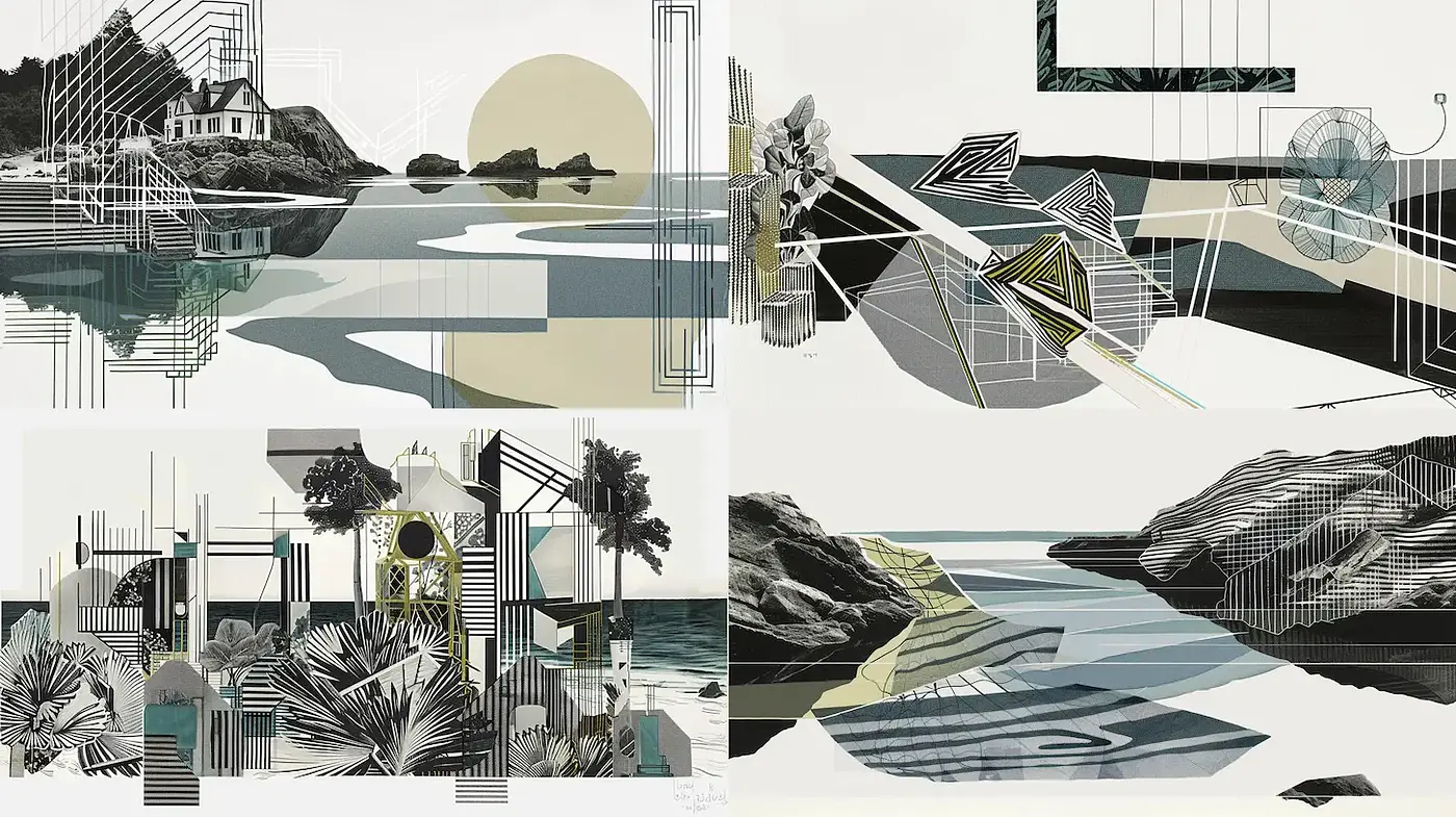 Geometric abstraction with a serene coastal theme featuring natural elements - Midjourney sref style