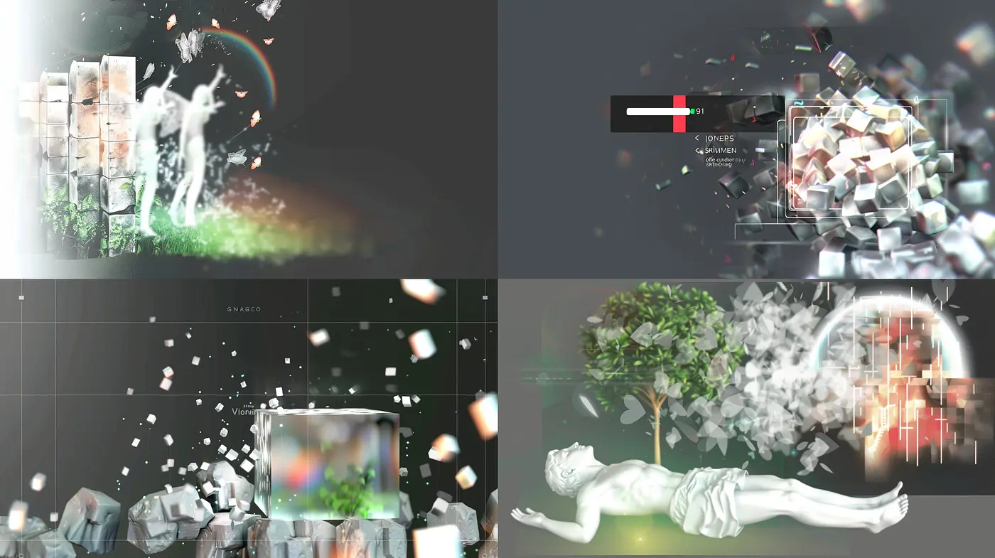 Ethereal Fragmentation Dreamscape with a Glitch Art Influence - Midjourney sref style