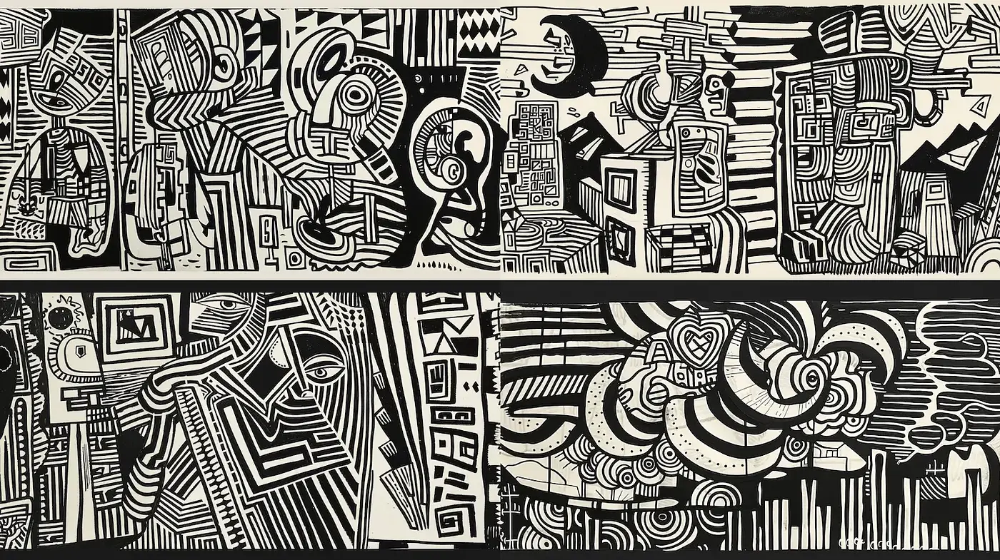 Dynamic and Abstract Black and White Composition with Whimsical Elements - Midjourney sref style
