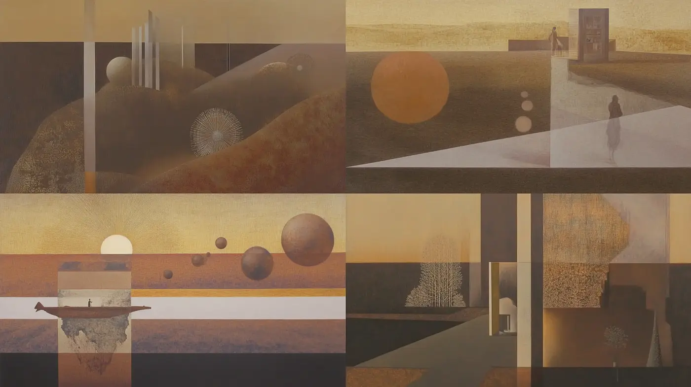 Ethereal Desert Twilight: A Harmonious Blend of Geometric Surrealism and Dusty Tones - Midjourney sref style