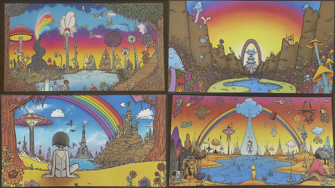 Vibrant Whimsical Landscapes with Dreamlike Elements - Midjourney sref style