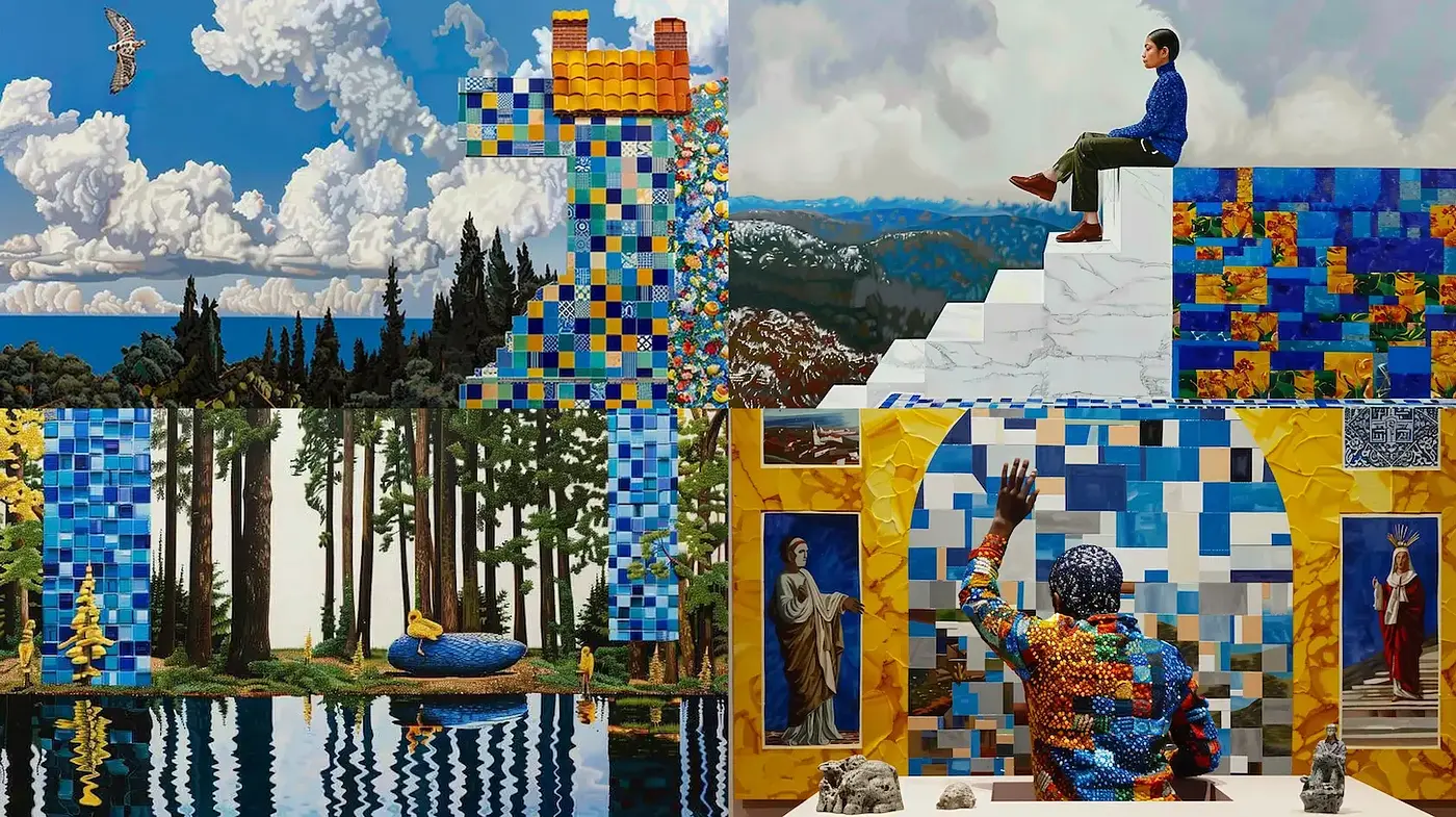 Richly Textured, Colorful Compositions with a Playful Yet Reflective Mood - Midjourney sref style
