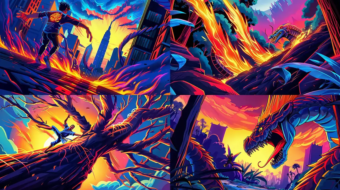 Dynamic and Vivid Urban Fantasy Style with Fiery Elemental Themes - Midjourney sref style