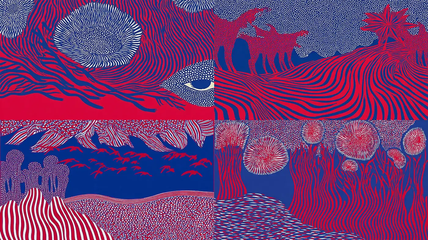 Vibrant graphic surrealism with organic shapes and hypnotic patterns - Midjourney sref style
