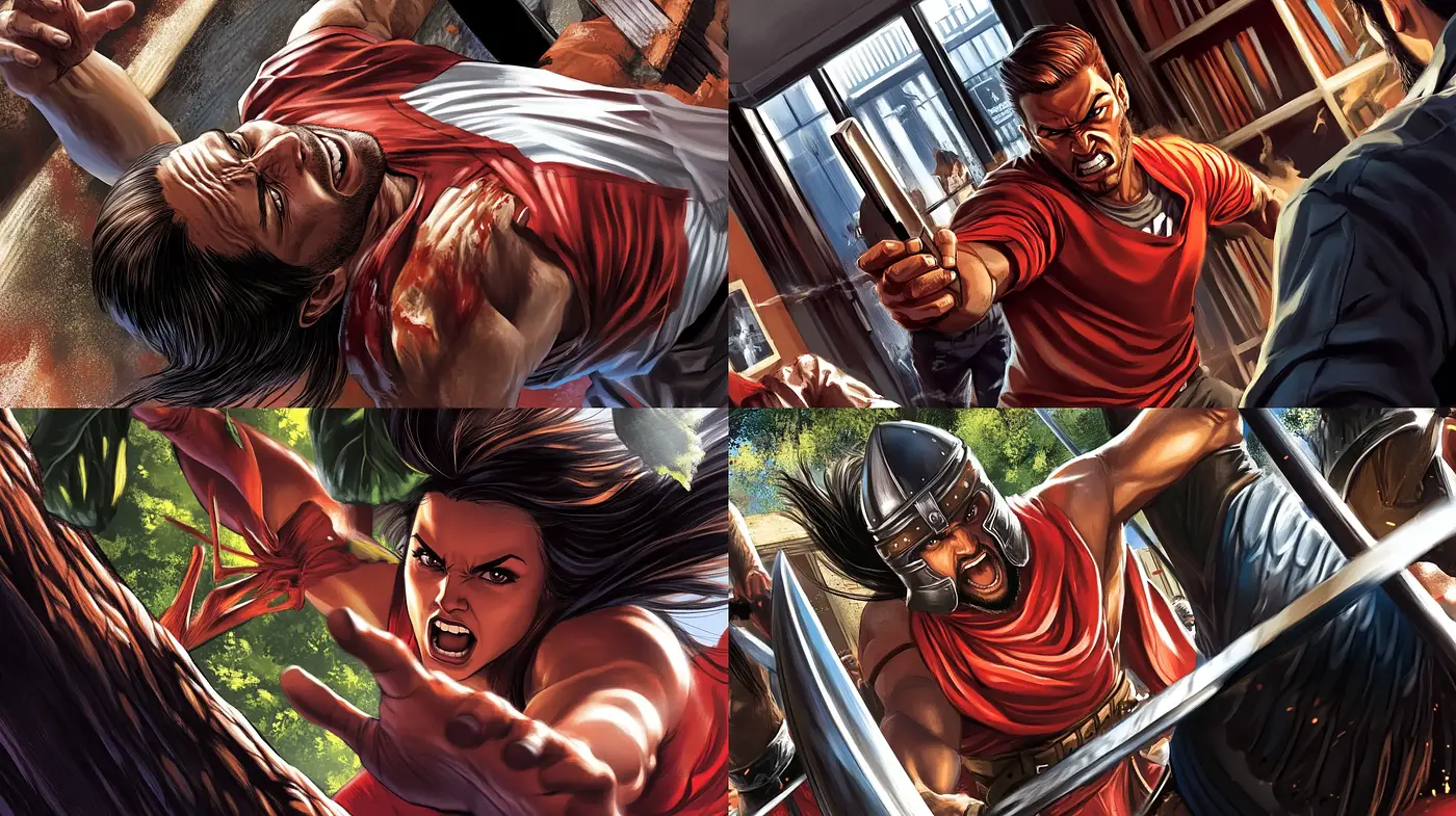 Dynamic Comic Book Heroism: Vivid Strokes of Action and Intensity - Midjourney sref style