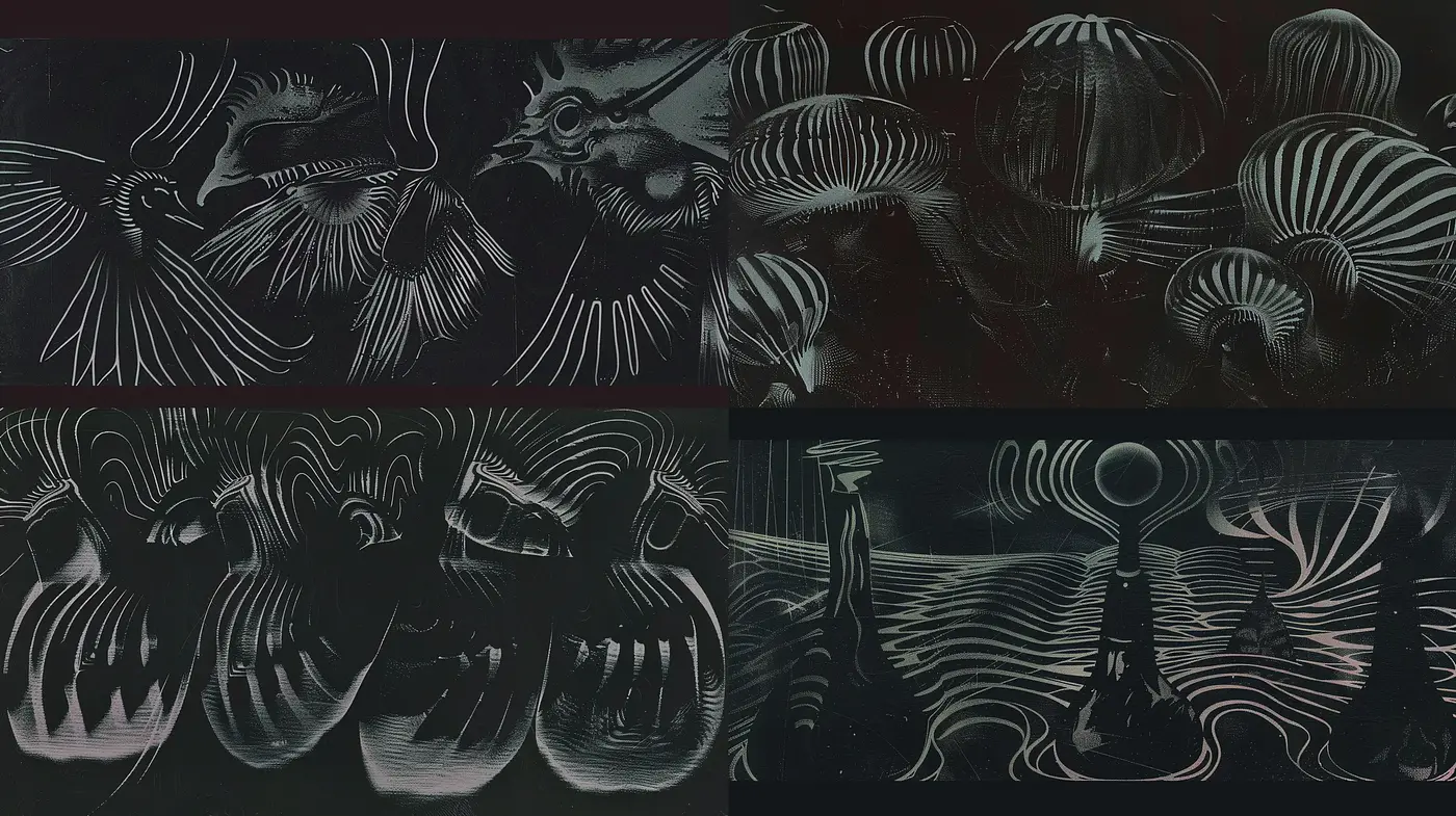 Ethereal Nocturnal Dreamscape with Monochrome Whorls and Strokes - Midjourney sref style
