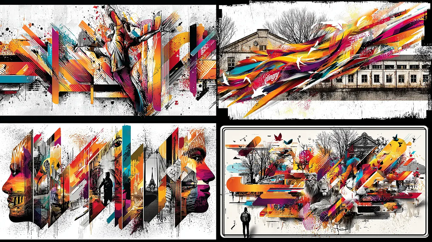 Dynamic Fusion of Colors and Urban Elements in Contemporary Art - Midjourney sref style