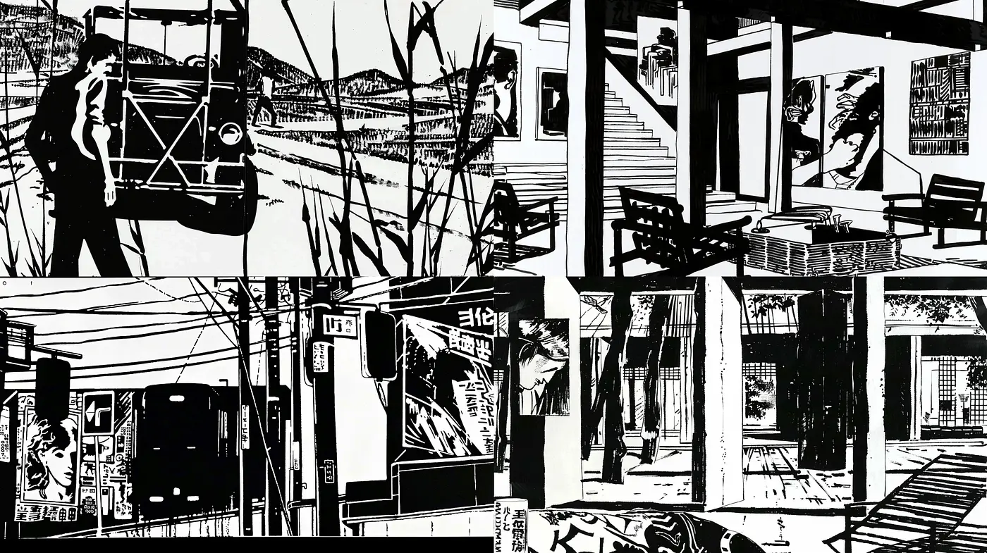 Monochromatic Ink Wash Dreamscapes with a Contemporary Graphic Novel Flair - Midjourney sref style