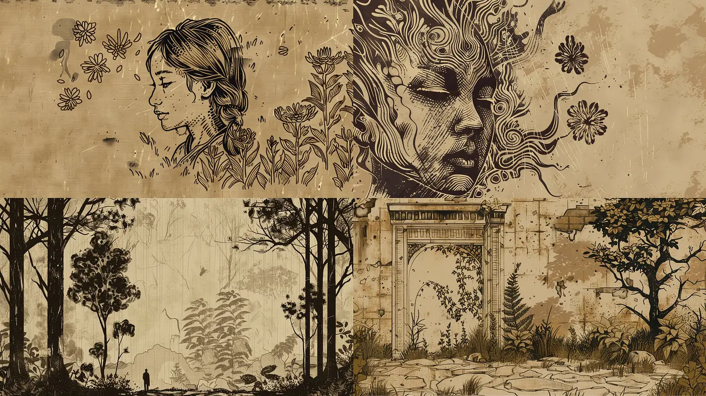 Ephemeral Sepia Narratives: A Blend of Ink Illustration and Nostalgic Storytelling - Midjourney sref style