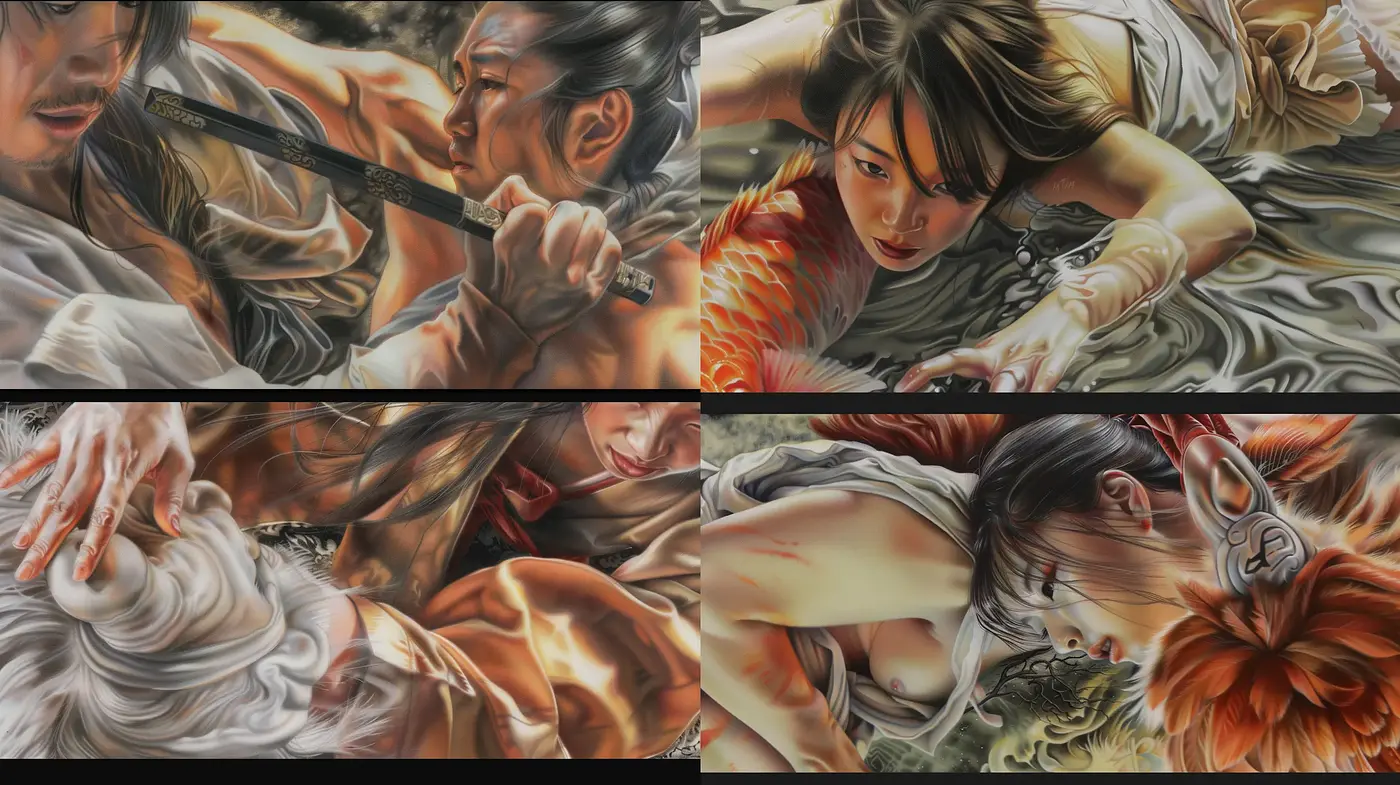 Dynamic Brushwork and Earthy Tones in Stylized Martial Arts Tableau - Midjourney sref style
