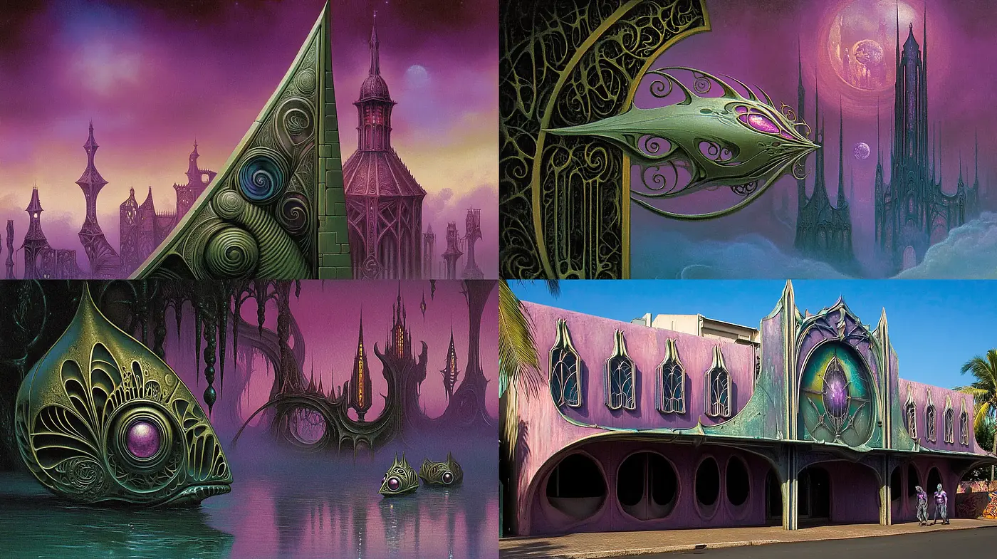 Surreal Twilight Dreamscape with Arabesque Architectural Elements - Midjourney sref style