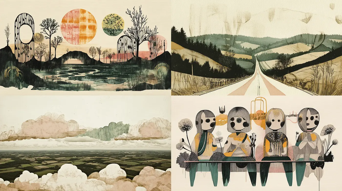 Serene Pastoral Dreamscape with Whimsical Anthropomorphism - Midjourney sref style