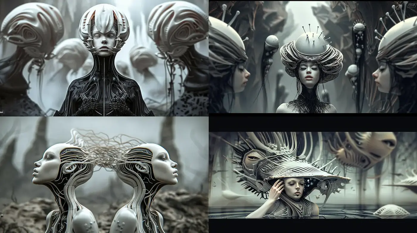 Futuristic and surreal design with a blend of organic and mechanical elements - Midjourney sref style