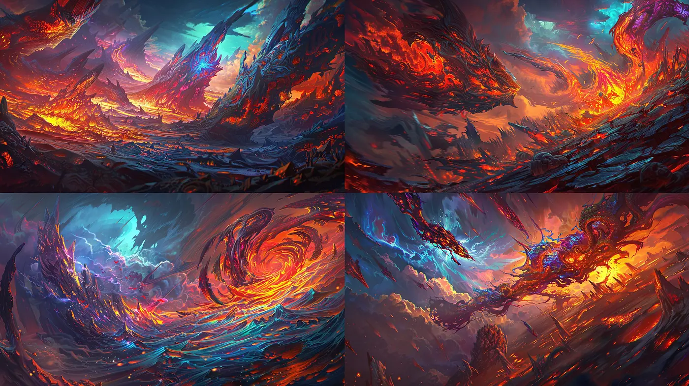 Ethereal Blaze Canvas: A Fusion of Vivid Colors and Dynamic Textures - Midjourney sref style