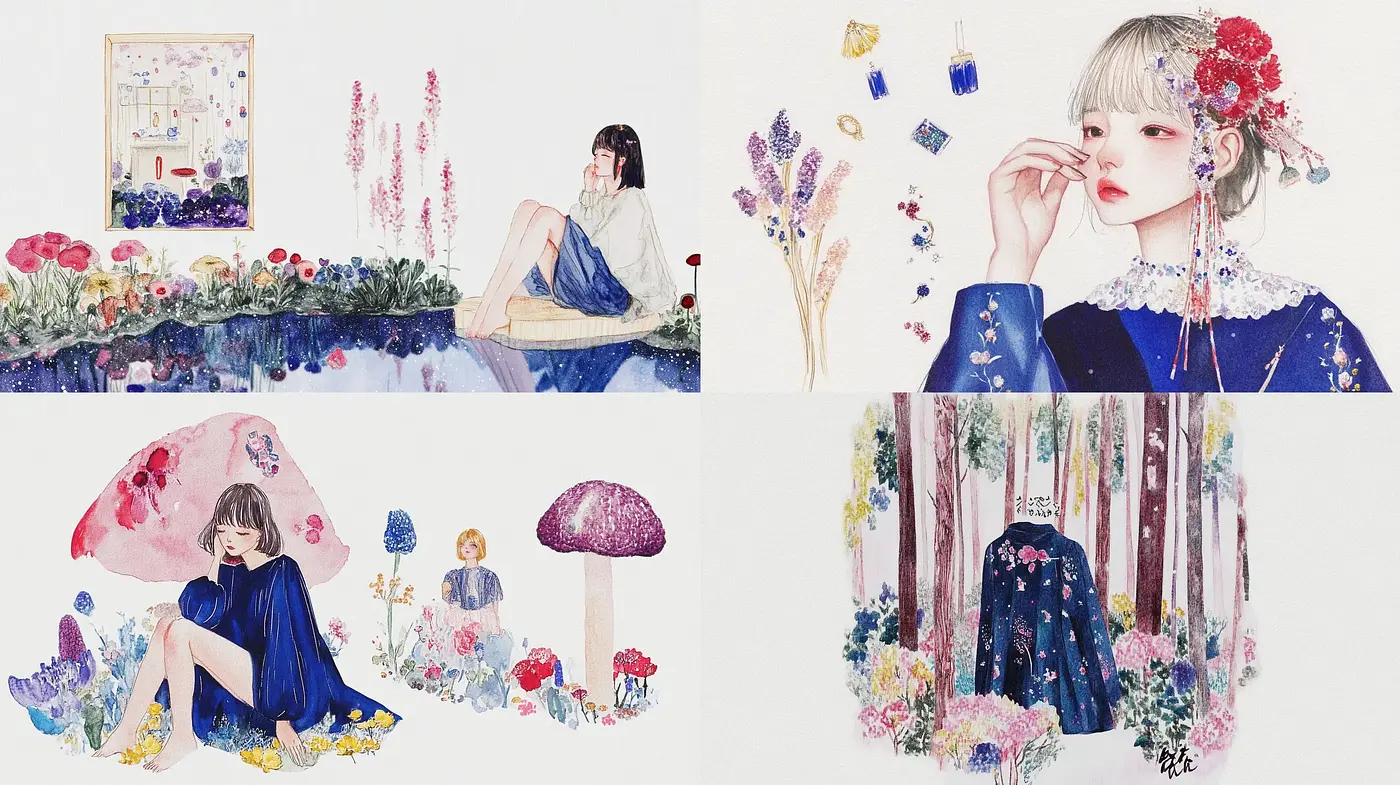 Ethereal Watercolor Dreamscape with Floral and Nature Motifs - Midjourney sref style