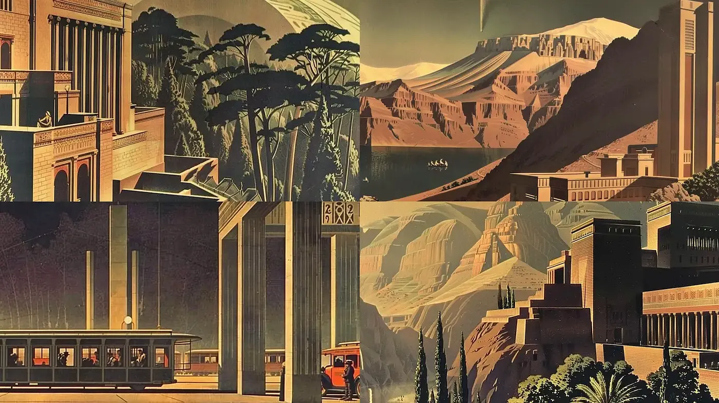 Art Deco Inspired Landscapes with a Nostalgic Vibe - Midjourney sref style