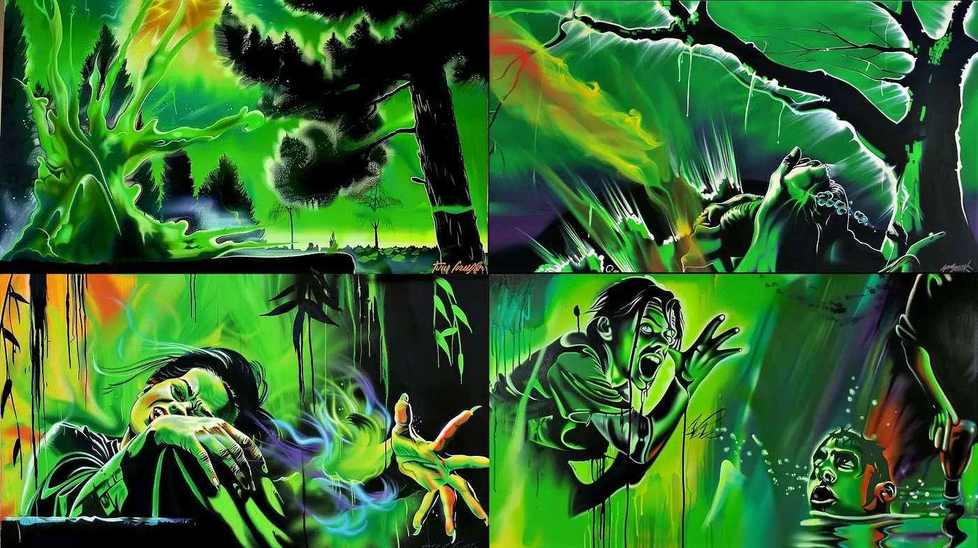 Vivid Nocturnal Dreamscape: A Fusion of Surrealism and Expressionism with a Lurid Neon Palette - Midjourney sref style